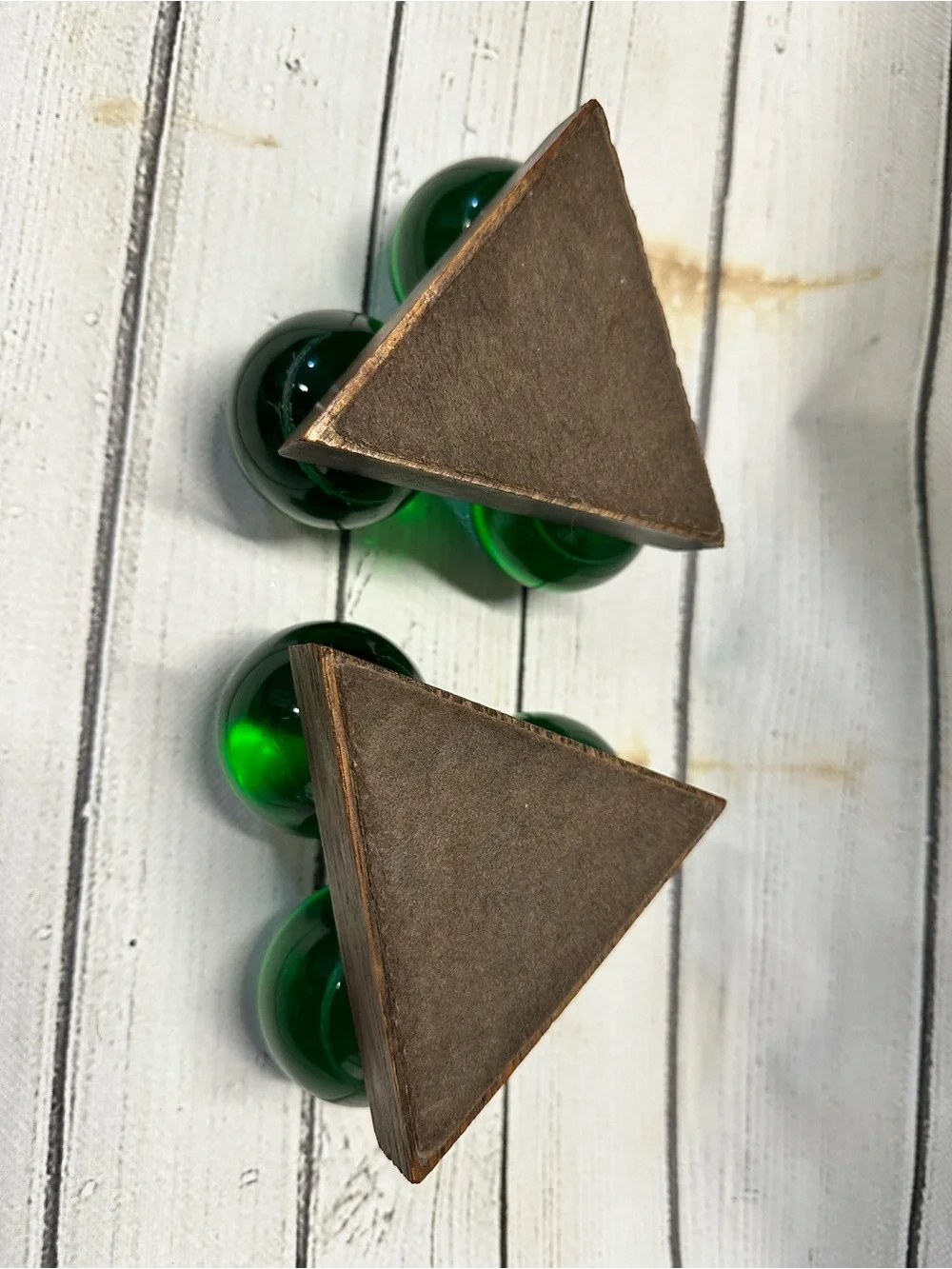 Vintage Green Lucite Atomic MCM Ball Candles & Holder Pair  Triangle Wood  Base